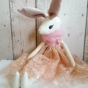 Clara Bunny cloth doll in UK, handmade rabbit fabric doll with lace dress, gift for girl, blush pink decorative doll, rag doll, textile doll
