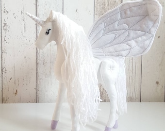 White Winged Unicorn Soft Toy -White Unicorn Fabric Sculpture - Flying Unicorn Art Doll- Alicorn - White Pegasus  Magical Creature