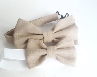 Taupe / Natural Linen bow tie set - Adult and  boys bow tie, matching bow tie + hanky set, wedding outfit, rustic wedding