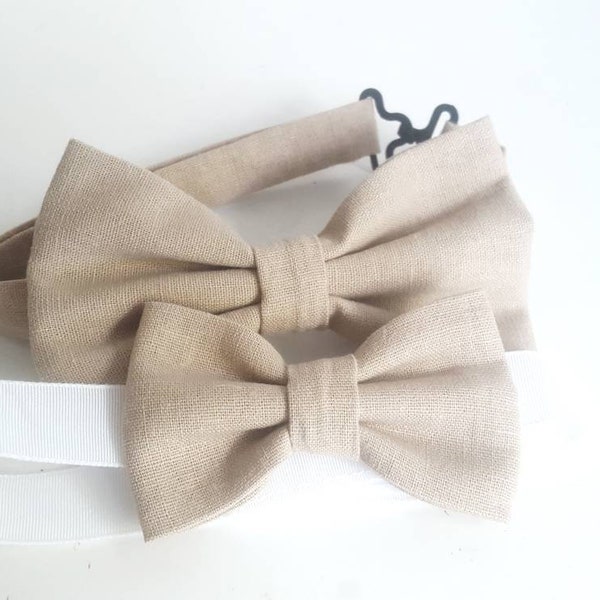 Taupe / Natural Linen bow tie set - Adult and  boys bow tie, matching bow tie + hanky set, wedding outfit, rustic wedding