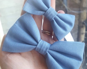 Dusty Blue Cotton bow tie set - Adult & baby / toddler bow tie, boys bow tie, matching bow tie set, ties and pocket squares;  wedding outfit