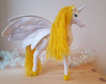 Unicorn with Wings and golden yellow mane; Collectable posable Unicorn soft sculpture, gift for girl