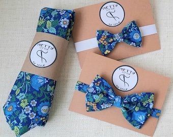 Conjunto de pajarita Blue Floral Liberty Father & Son, conjunto de padre e hija, pajarita para niños pequeños, primer día del padre, boda índigo, corbata + cuadrado de bolsillo