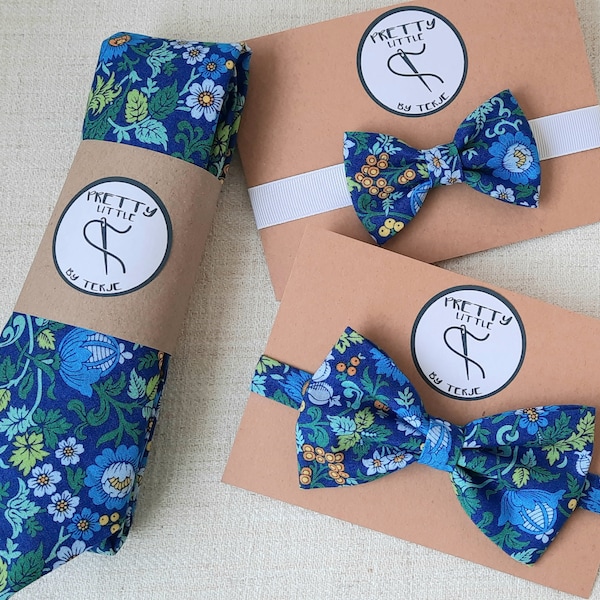 Blue Floral Liberty Father & Son bow tie set, Father Daughter set, Toddler bow tie, First Father's Day, Indigo wedding, Tie + pocket square