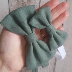 Dark green linen bow tie set - Adult and baby / toddler / boys bow tie / tie / pocket square set, wedding outfit, sage green, rustic wedding