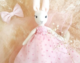 Miss Rabbit cloth doll with pink tutu dress - handmade bunny doll - textile doll - girls room decor- fabric doll rabbit