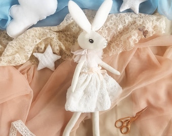 FLEUR Bunny Doll, handmade rabbit cloth doll with white dress - gift for girl, decorative fabric doll, bunny nursery decor,  Christmas gift