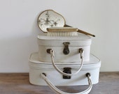 Hand Mirror & Brush Set - Vintage - Embroidered, Purple and Cream Florals