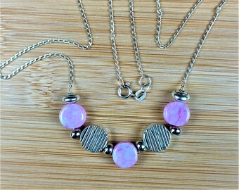 Sterling Silver Chain with Pink Ceramic and Metal Beads. Very lightweight design and pretty for any occasion