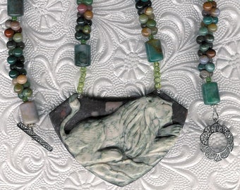 Carved Ribbon Jasper Lion Pendant Fancy Jasper Peridot Sterling Silver Necklace Wild Animal Organic