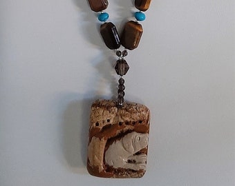 African Queen Jasper Carved Dog, Tiger's Eye, Howlite, SS Necklace Animal Dog Lover Birthday