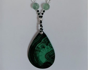 Malachite Pendant, Fluorite, Rock Quartz, Sterling Silver Necklace Unique Dramatic Bold Feminine Modern Statement