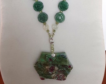 Carved Ruby in Fuschite Flower , Aventurine, Peridot, Cloudy Quartz, Sterling Silver Necklace Organic Natural Gift for Gardener OOAK Gift