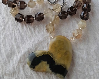 Banded Opal Heart, Smoky Quartz, Lemon Quartz, Citrine, Sterling Silver Modern Valentine Anniversary Gift