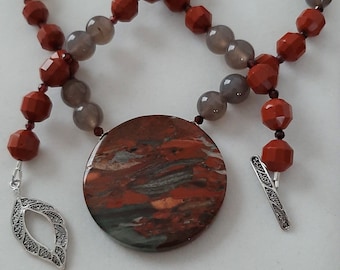 Red Jasper, Grey Agate, Garnet, Sterling Silver Birthday Graduation Gift Modern Earthy Organic