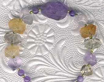 Bracelet - Amethyst, Citrine, Rose Quartz, Prehnite, Freshwater Pearls, Sterling Silver Bold February Birthstone