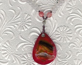 Banded Druzy Agate Rose Quartz Garnet Sterling Silver Bold Necklace Earthy Organic Feminine