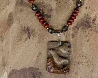 Succor Creek Jasper Sea Life Pendant, Red Jasper, FW Pearls, Sterling Silver Beach Necklace
