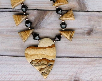 African Queen Picture Jasper Heart, Smoky Quartz, Freshwater Pearls, Sterling Silver Necklace Modern Valentine