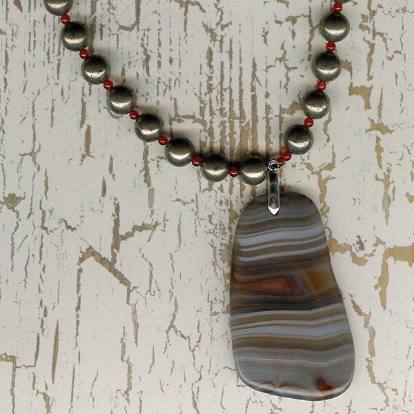 Banded Agate Pendant, Pyrite, Carnelian, Sterling Silver Necklace Earthy Organic Unique Boho Statement Birthday Maid of Honor Gift
