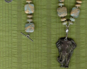 Carved Jasper Elephant, Aqua Terra Jasper, FW Pearls, Sterling Silver Necklace Animal Lover Rustic