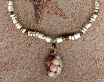 Carved Agate Gemstone Turtle Pendant, Howlite, Smoky Quartz, Sterling Silver Necklace Sea Ocean Beach