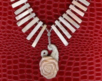 Carved Aventurine Flower Pendant, Morocco Agate, Rose Rock Quartz, Sterling Silver Necklace Organic Feminine