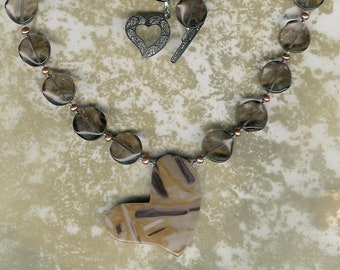 Bamboo Stone, Smoky Quartz, Freshwater Pearls, Sterling Silver Necklace Love Gemstone Modern Anniversary Feminine