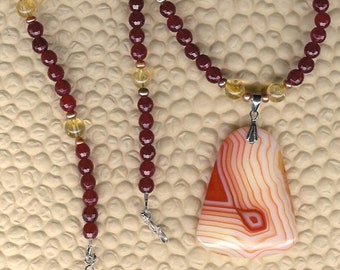 Beaded Necklace Genuine Banded Agate Carnelian Citrine Pearls Sterling Silver Mothers Day Birthday Organic