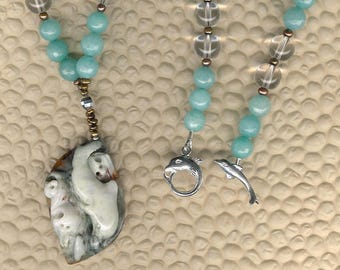 Carved Agate Dolphin Pendant Jade Rock Quartz FW Pearls Sterling Silver Ocean Beach Necklace