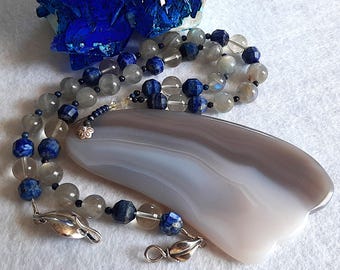 Grey Agate Labradorite Lemon Quartz Lapis Lazuli Sterling Silver Necklace Southwestern Earthy Organic Wing