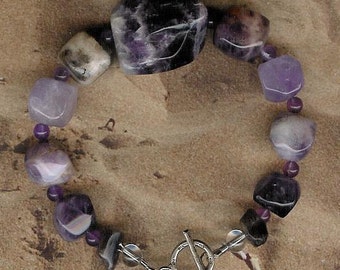 Bracelet - Amethyst, Rock Quartz, Sterling Silver Bold Unique Earthy Genuine February Gemstone Birthday Gift
