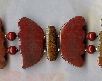 Bracelet - Red Agate Butterfly, Bronzite, Red Jasper. Sterling Silver Unique Chunky Nature Gemstone
