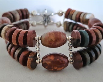 Bracelet - Red Creek Jasper, Picasso Jasper, Sterling Silver Double Strand Comfortable Organic Versatile Statement