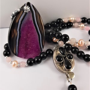 Banded Agate, Onyx, Rose Quartz, Freshwater Pearls, Sterling Silver Necklace Unique Gemstone Feminine Statement Earthy Organic Colorful Fun