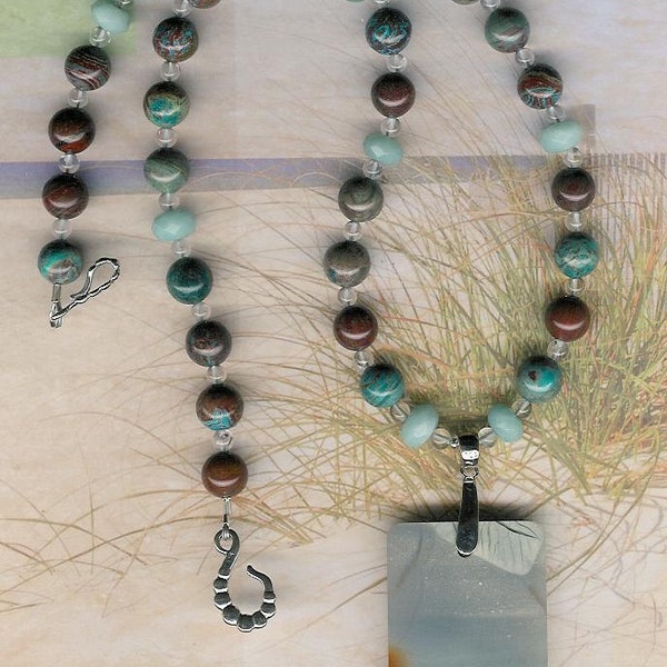 Menemsha - Madagascar Agate, Rainbow Calsilica, Amazonite, Rock Quartz, Stelring Silver Necklace