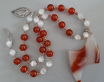 Carnelian Lightning Bolt Selenite FW Pearls Sterling Silver Mothers Day Birthday Earthy Organic