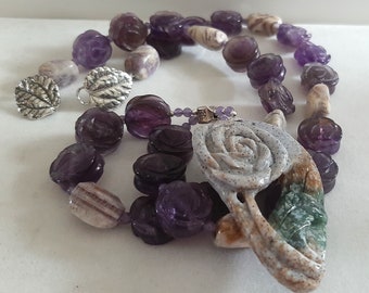 Carved Flower Jasper Rose, Amethyst, Sterling Silver Necklace February Birthstone Gardener's Valentine Anniversary Gift