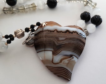 Striated Agate Smoky Quartz Selenite, Onyx Sterling Silver Necklace Heart Organic Earthy Valentine Anniversary
