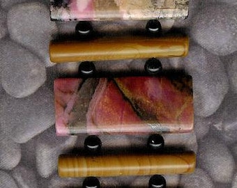 Bracelet - Rhodonite, Wood Jasper, Onyx, Sterling Silver Earthy Organic Colorful Big Bold Statement