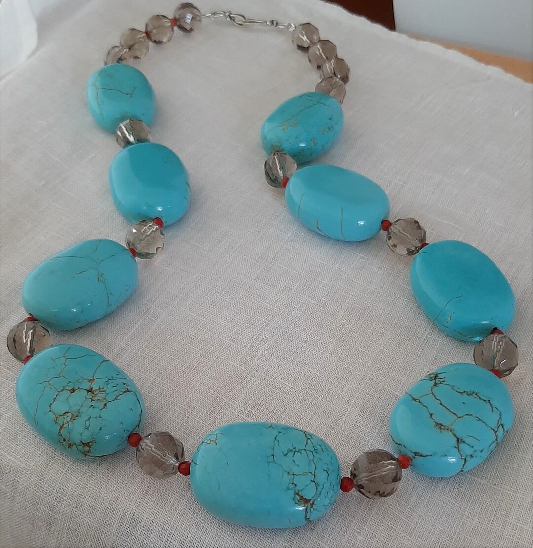 Turquoise, Smoky Quartz, Coral, Sterling Silver Necklace Southwestern ...