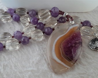 Druzy Agate in Quartz, Lemon Quartz, Amethyst, Garnet Sterling Silver Necklace Organic February Birthday