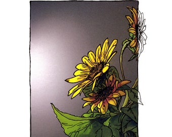 Print of Original Hand Doodled Photo of Yellow Sunflower Bouquet, Second in Series