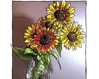 Print of Original Hand Doodled Photo of Yellow Sunflower Bouquet, First in Series