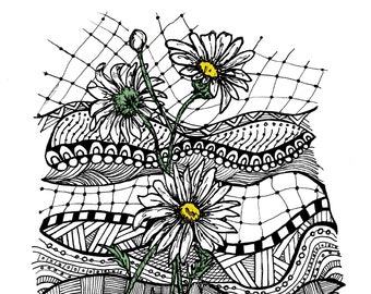 Doodled Daisys, Art Print, In 2 Background choices and sizes