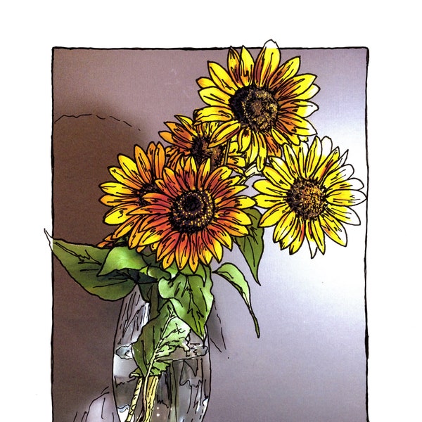 Print of Original Hand Doodled Photo of Yellow Sunflower Bouquet, First in Series
