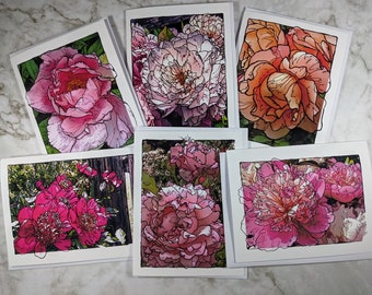 Doodled Peony Collection, Six Different Designs, pen and ink notecards, 6 pk. Altered Photography