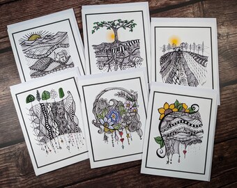 New Pen and Ink doodle designed notecards, with a splash of color, 6 pk.