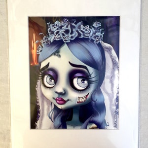 May include: A digital illustration of a cartoon zombie bride with blue hair, a white veil, and a crown of blue flowers. Her face is pale and she has stitches on her cheek. The background is dark and blurry.