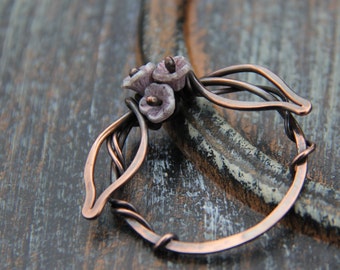 Shawl pin, scarf pin, sweater pin, copper and czech glass beads "Spring wreath" , wire wrap shawl pin, round shawl pin, flower pin, woodland